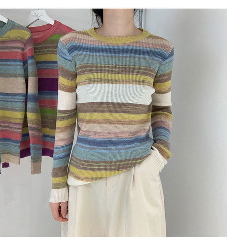 Loose Stretchy  Striped Colors Sweater