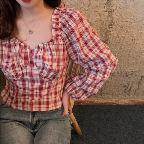 Long Sleeve Square Collar Plaid Ruffled Cropped Blouse