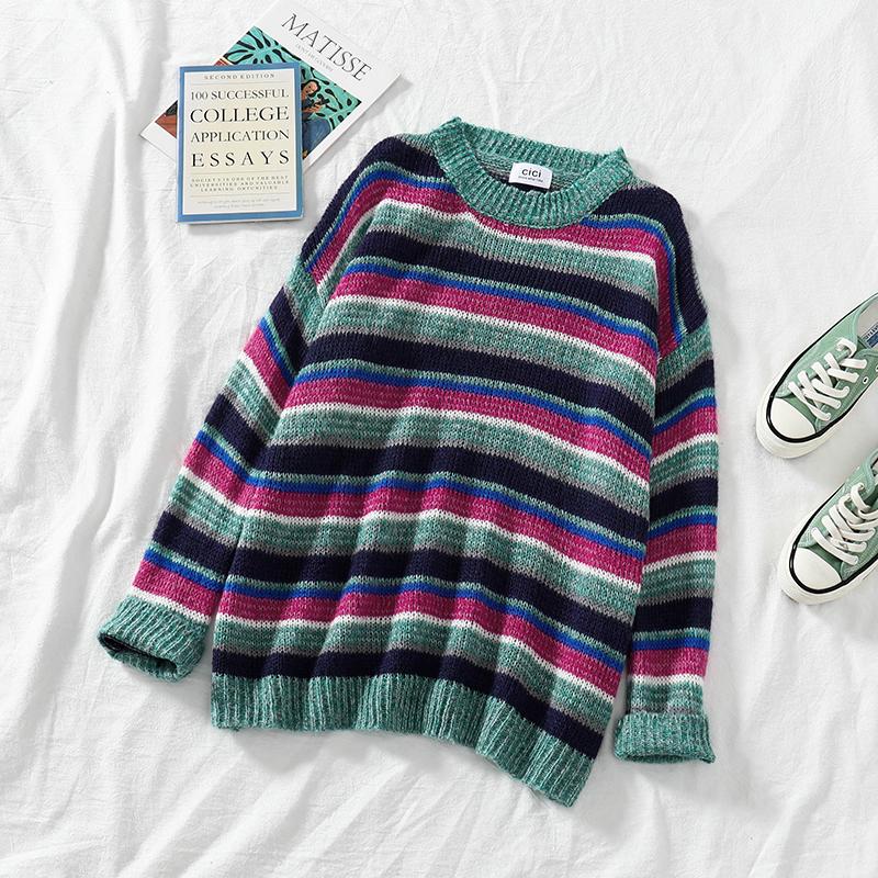 Vintage Rainbow Striped Knitted Sweater