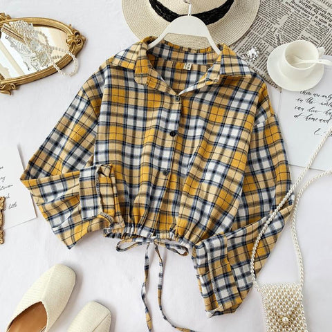 Loose Slim Plaid Style Cropped Blouse