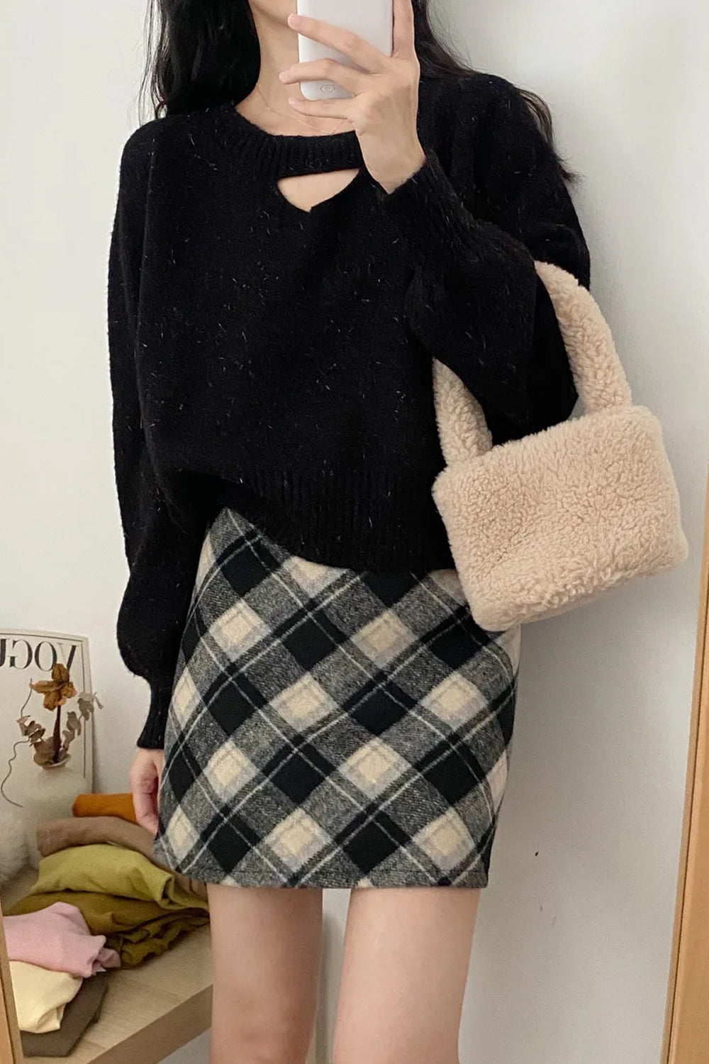 A-Line Woolen Plaid Mini Skirts