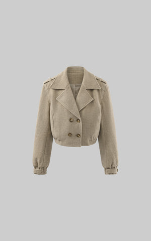 Cropped Wool-Like Coat with Double Breasted Design and Structured Lapel