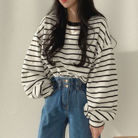 O-Neck Loose Striped Casual Sweatshirt