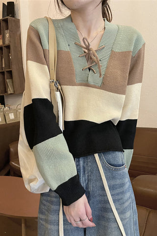 Lace Tie Striped Cropped Sweater