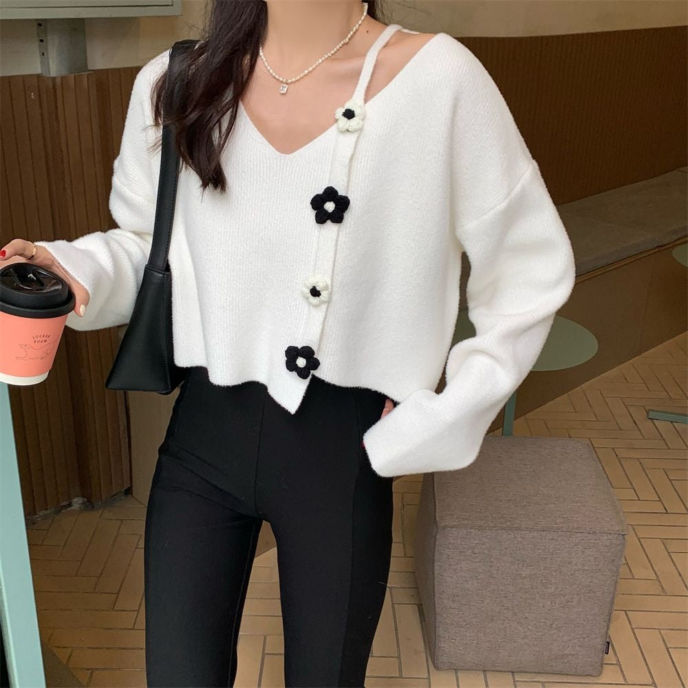 Daisy Flower Pattern Irregular Cropped Sweater