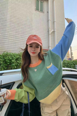 Long Sleeve Spliced Colors Combination Sweater