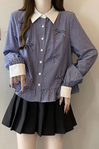 Long Sleeve Bow Striped Collar Blouse Shirt