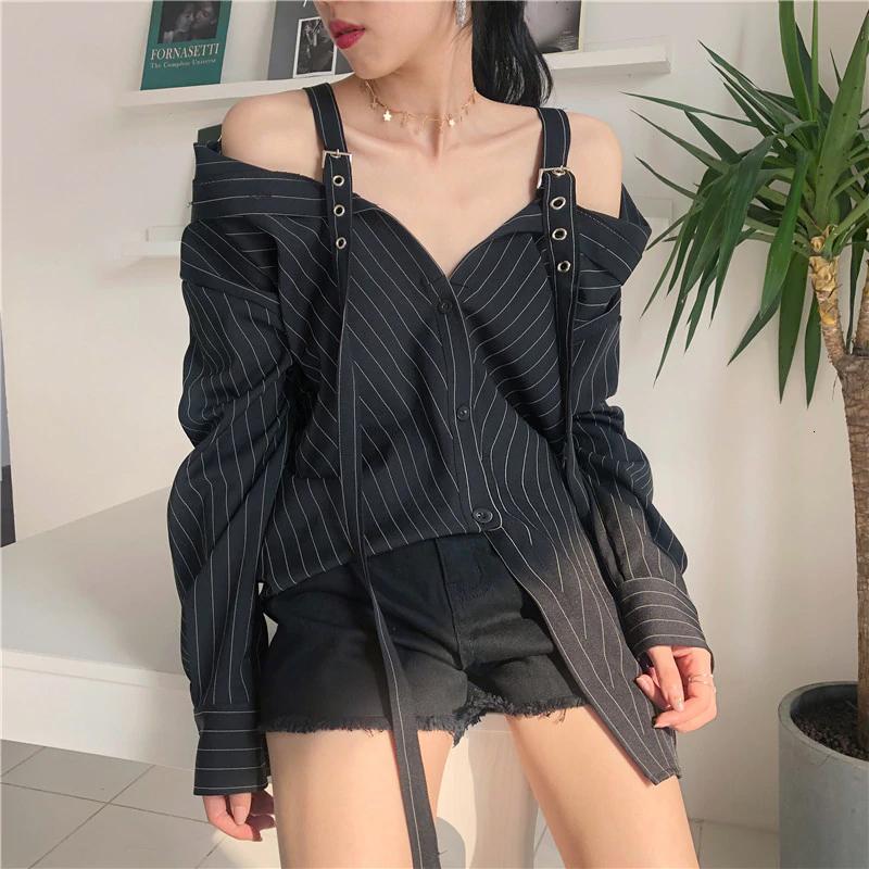 Black Strap Vertical Stripe Off Shoulder Long Sleeve Shirt