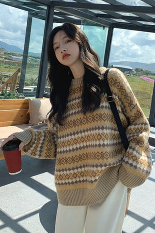Loose Argyle Pattern Knitted Warm Sweater