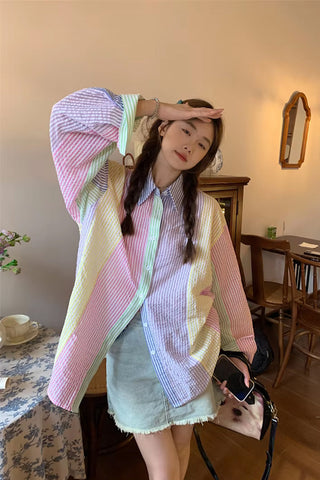 Long Sleeve Candy Colors Striped Blouse Shirt