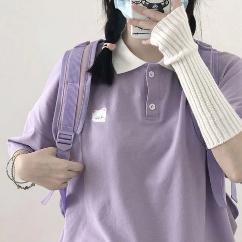 Short Sleeve Bear Embroidery Collar Shirts