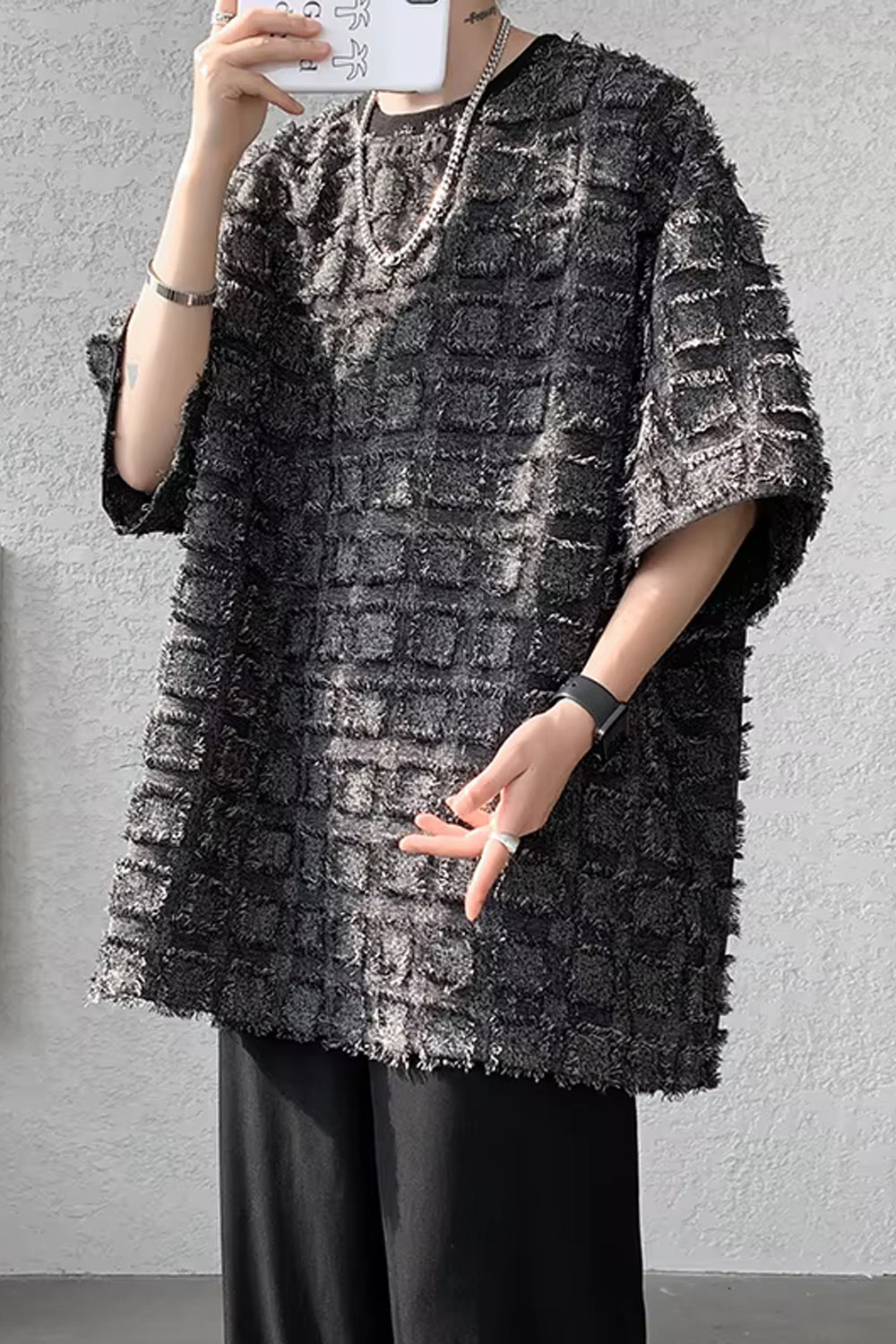 Loose Half Sleeve Ripped Plaid Pattern Men Shirt