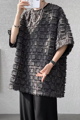 Loose Half Sleeve Ripped Plaid Pattern Men Shirt