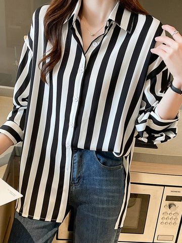 Long Sleeve Black White Striped Blouse Shirt