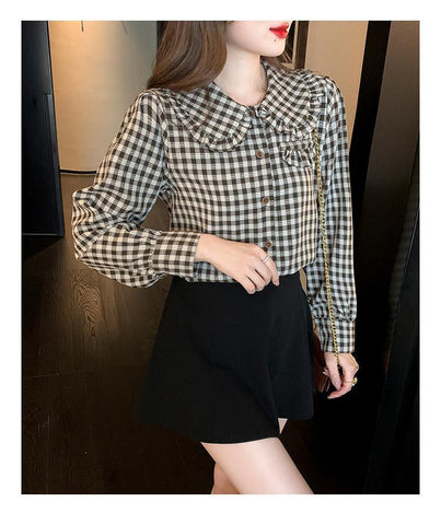Long Sleeve Peter Pan Collar Elegant Plaid Shirt