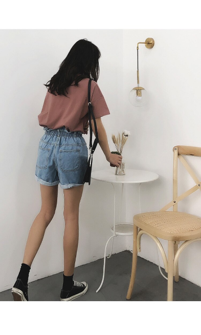 High Waist Elastic Denim Shorts Pants