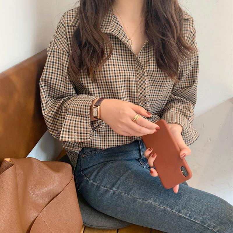 Loose Long Sleeve Retro Plaid Loose Shirt