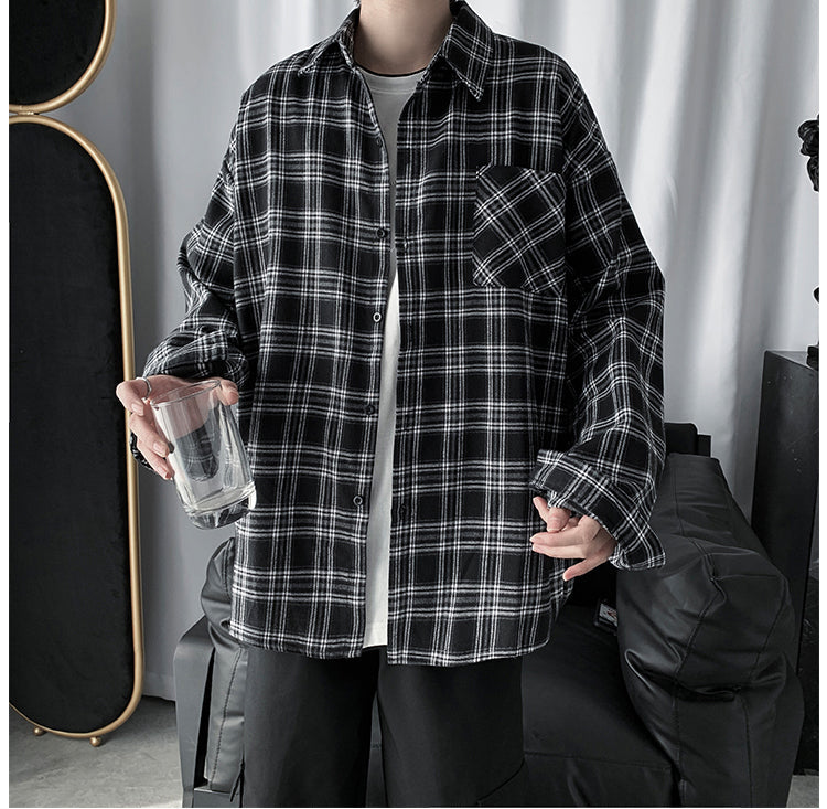 Long Sleeve Black Plaid Hip Hop Men Shirts