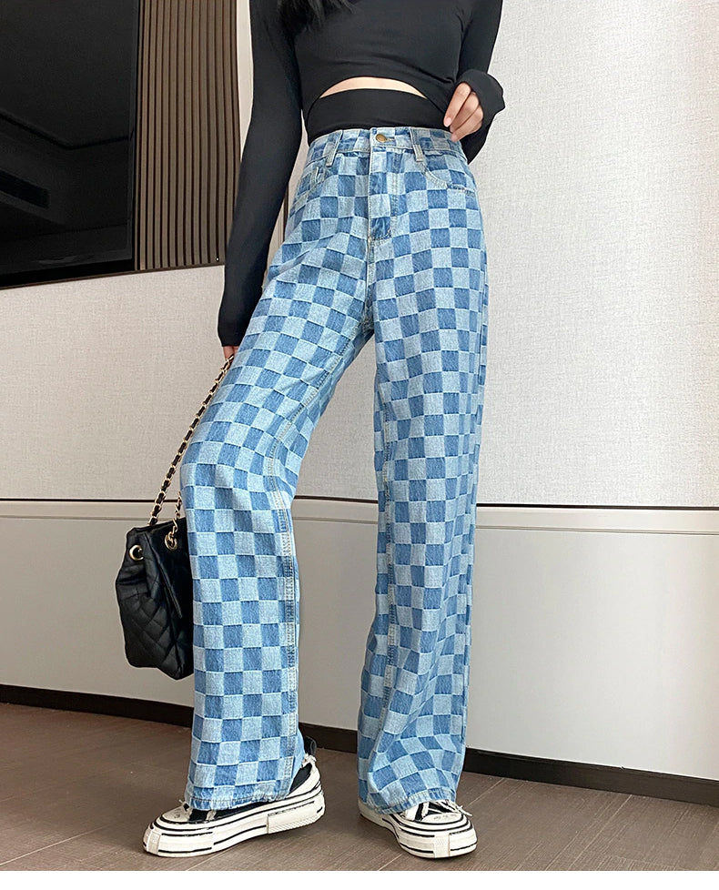 High Waist Wide Leg Blue Plaid Denim Jeans