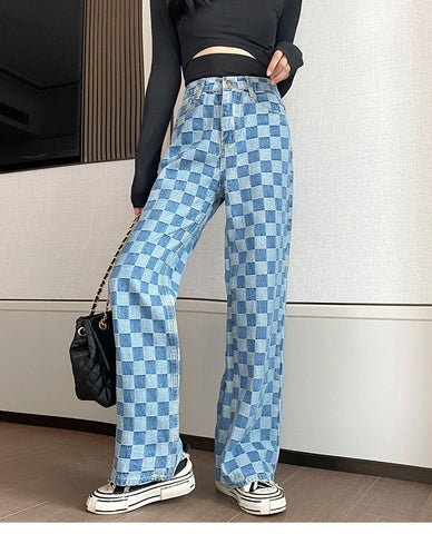 High Waist Wide Leg Blue Plaid Denim Jeans