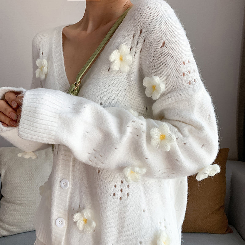 3D Flower Hollow Out Knitted Cardigan