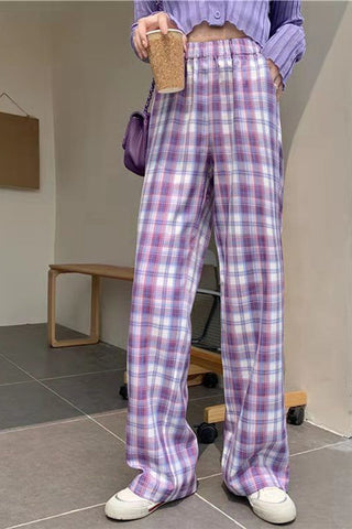 High Waist Cute Purple Plaid Long Pants