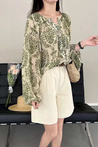 Long Sleeve Flowers Pattern Green Blouse Shirt