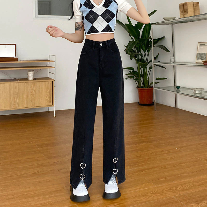 High Waist Heart Logo Black Jeans Pants