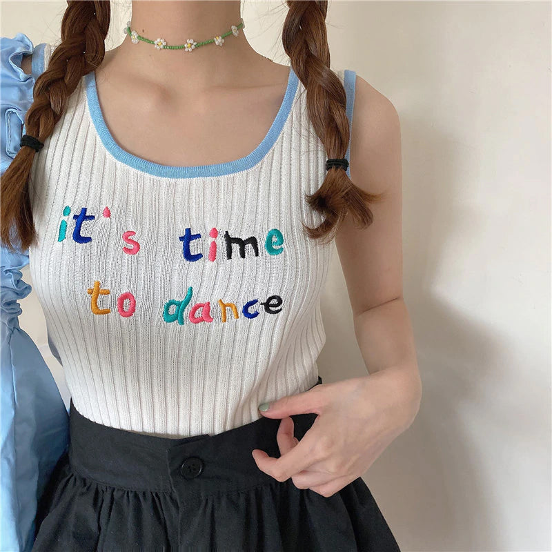 It's Time To Dance Letter Embroidered Knitted Crop Tops