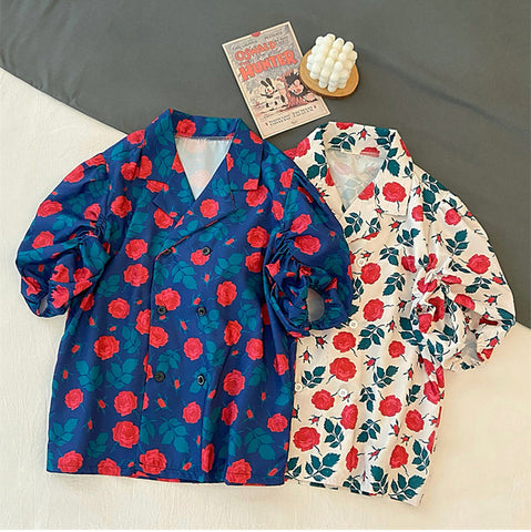 Rose Flower Pattern Short Sleeve Blouse Shirt
