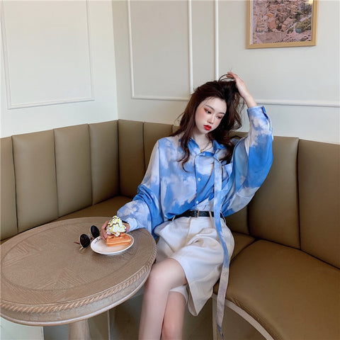 Sky Clouds Printing Casual Loose Blouse Shirt