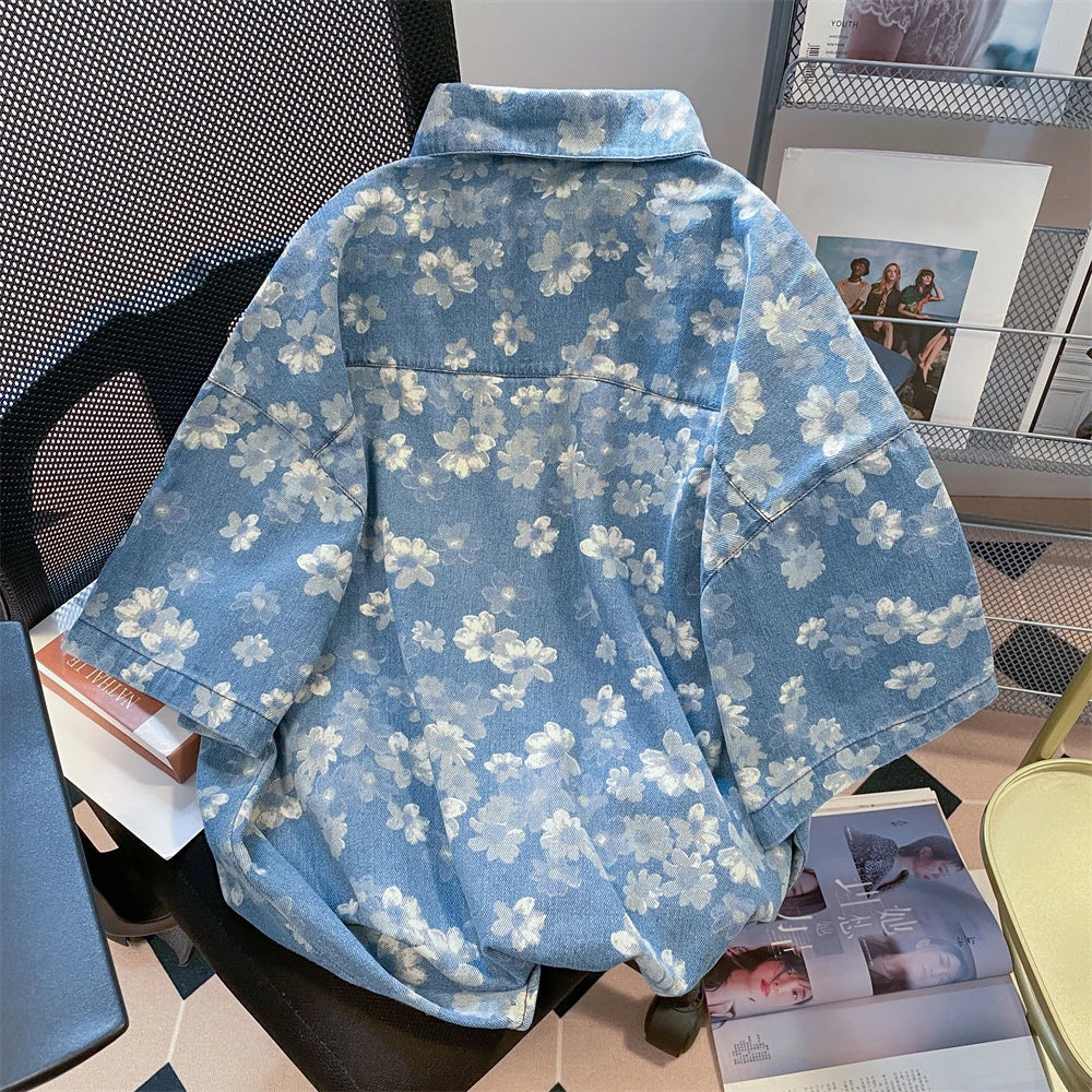 Retro Floral Printed Denim Shirts