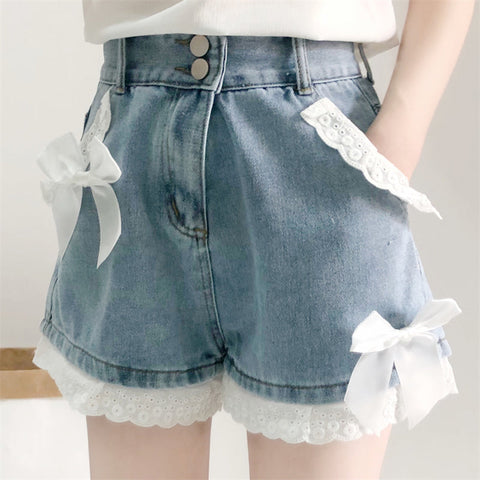 High Waist Cute Lace Bow Denim Shorts