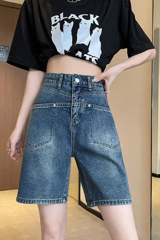 High Waist Double Pockets Style Denim Shorts