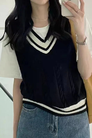V-Neck Collar Striped Sleeveless Sweater