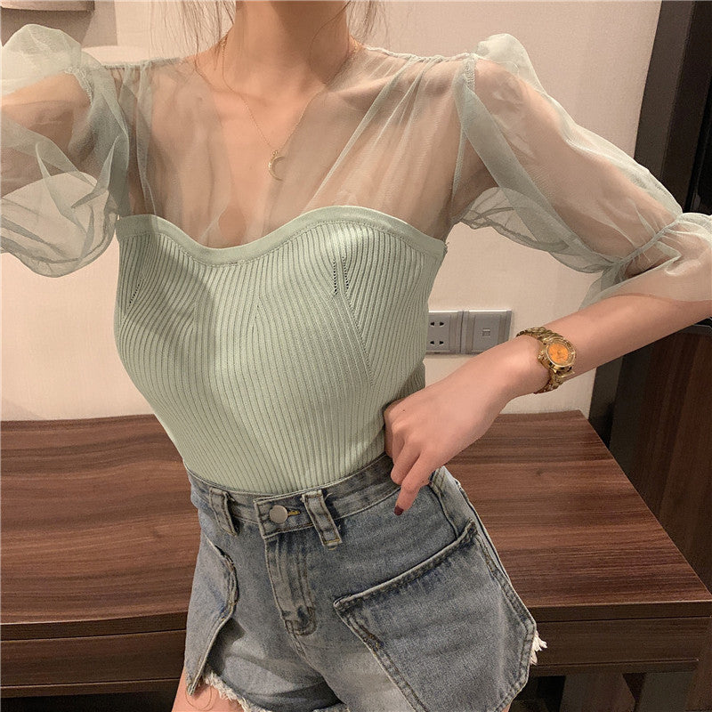 Sexy transparentes Strickshirt mit Puffärmeln und Netzstoff 