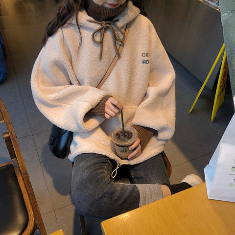 Letter Pocket Fleece Turtleneck Hooded Sweater