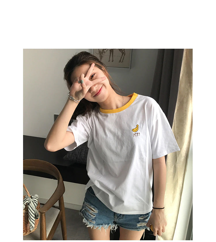 Fruit Embroidered Casual Ringer Shirt