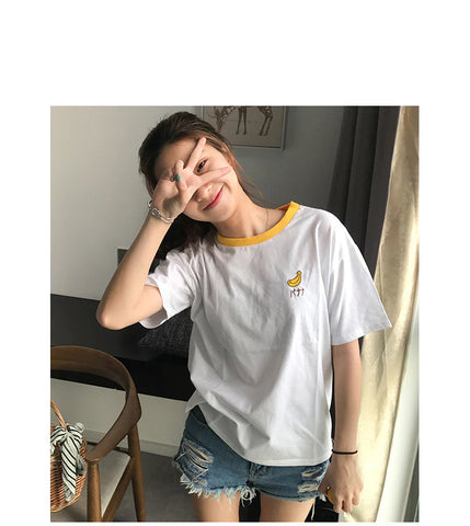 Fruit Embroidered Casual Ringer Shirt