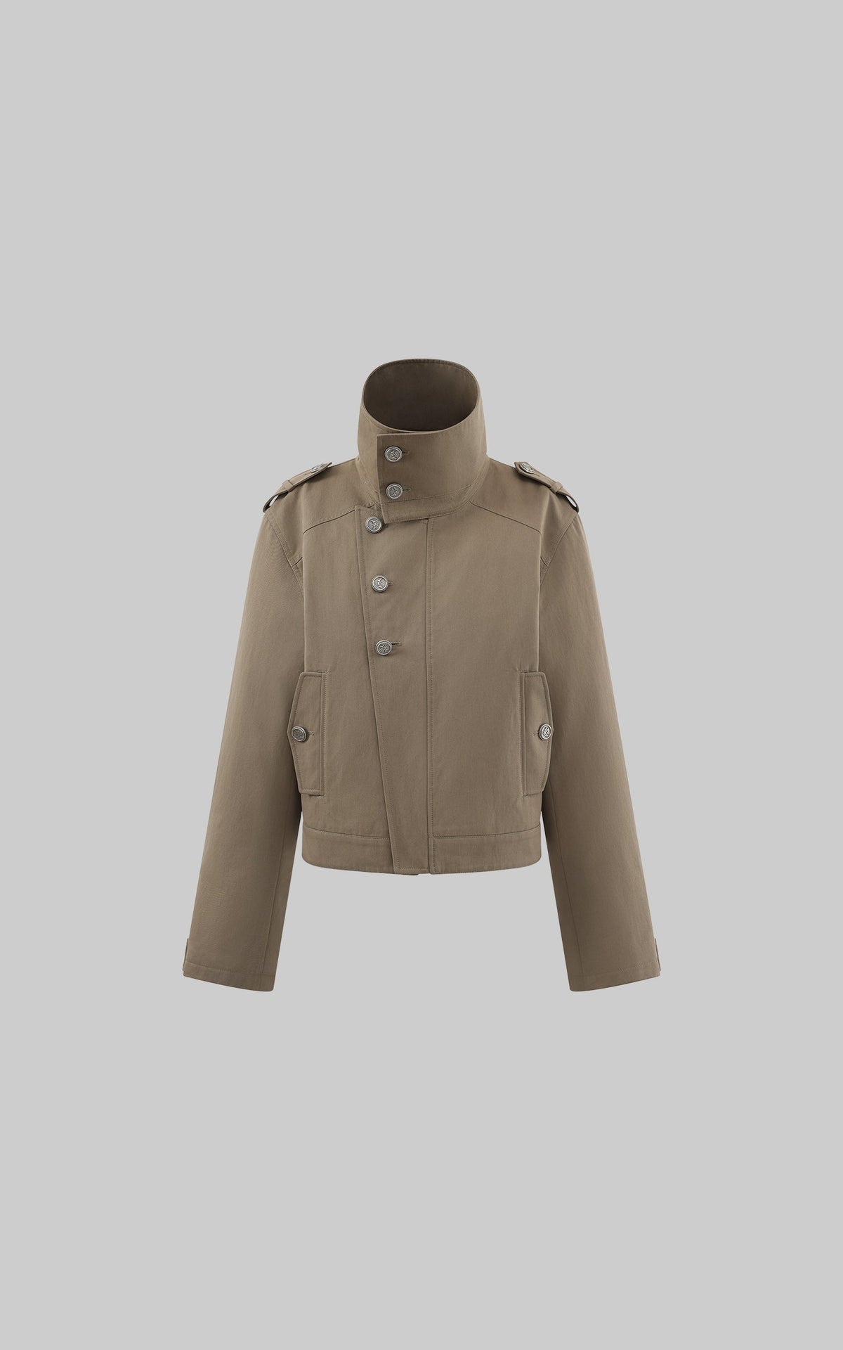 Structured High-Collar Trench Jacket with Asymmetric Closure