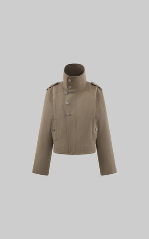 Structured High-Collar Trench Jacket with Asymmetric Closure