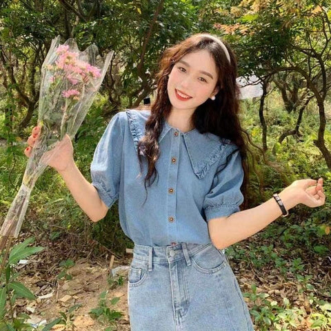 Short Sleeve Peter Pan Collar Denim Shirt