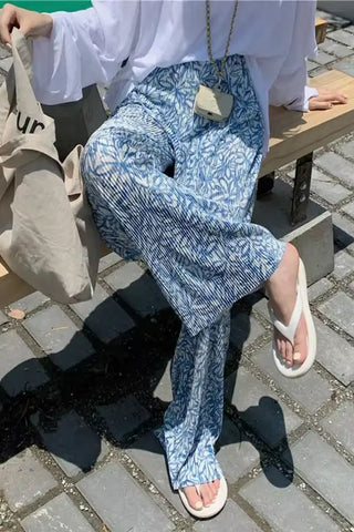 High Waist Casual Flower Pattern Pleated Pants