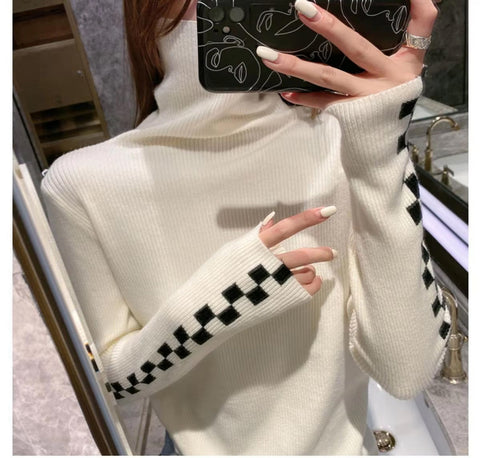 Long Sleeve Side Checkered Knitted Turtleneck Sweater