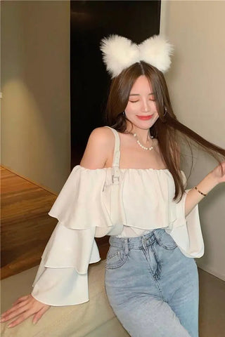 Long Sleeve Sexy Off Shoulder Ruffle Cropped Shirt