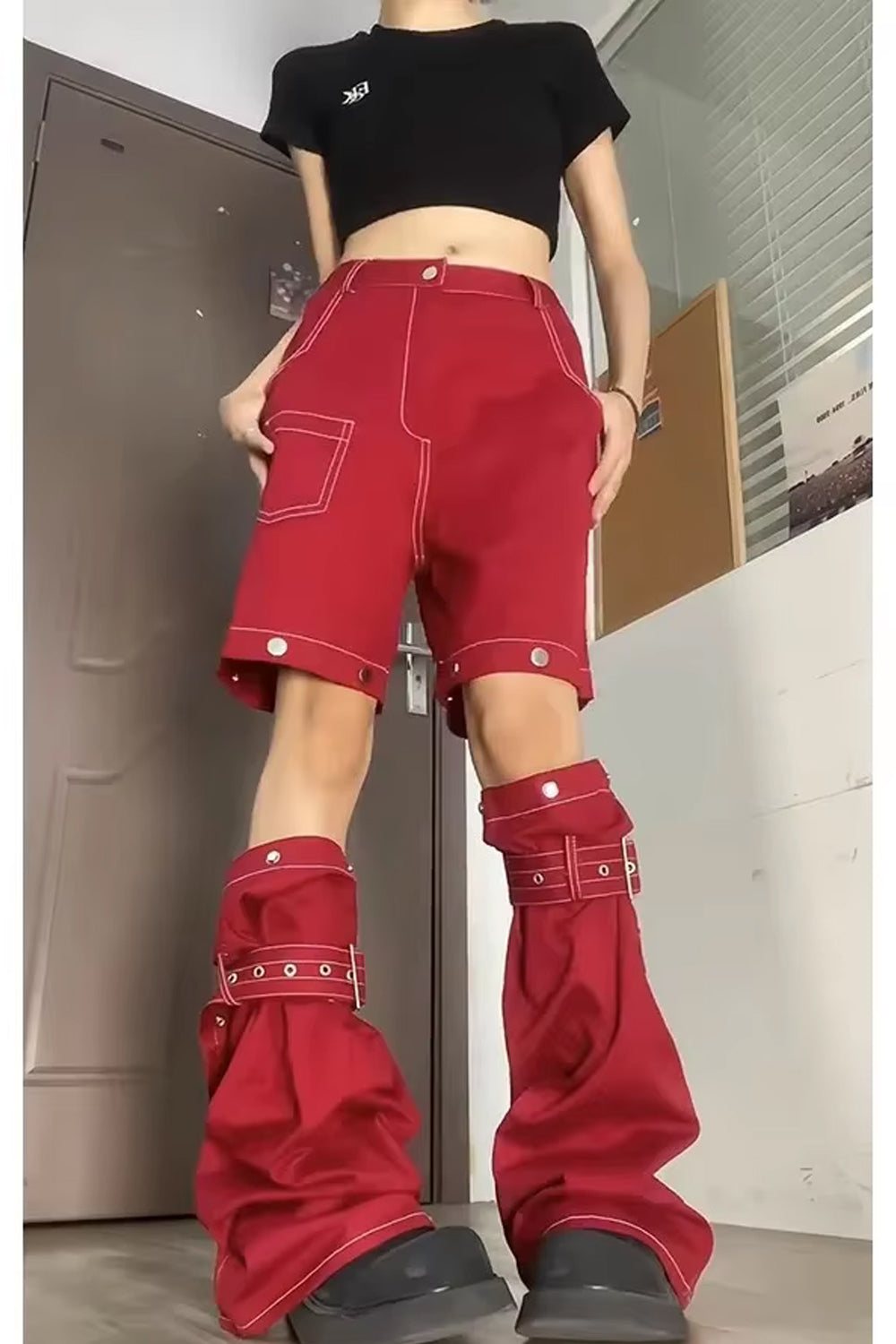 Loose Wide Leg Red Detachable Cargo Pants