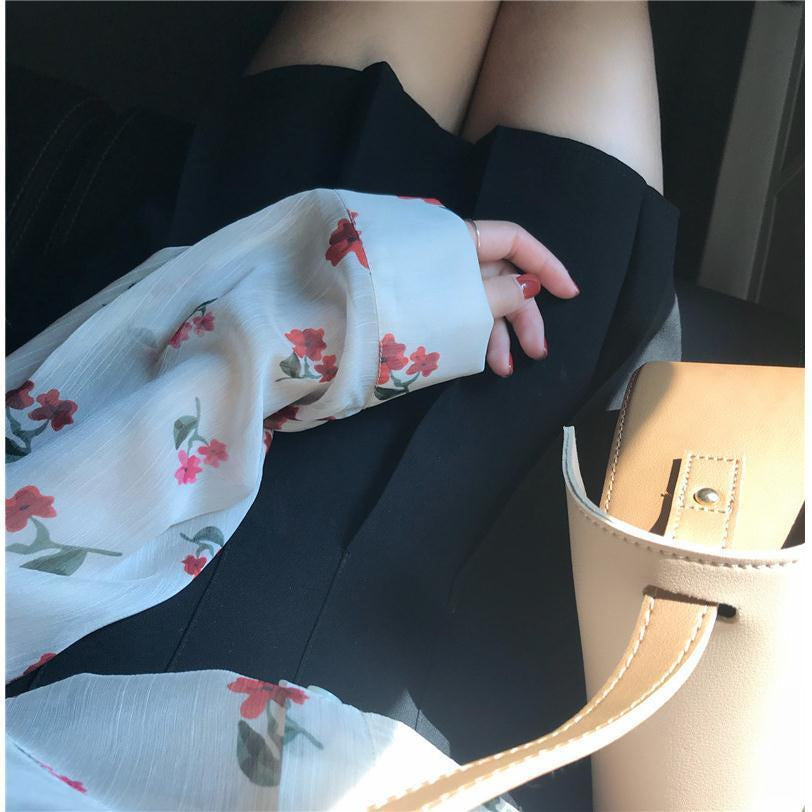 Long Sleeve Red Flowers Pattern Chiffon Blouse Shirt