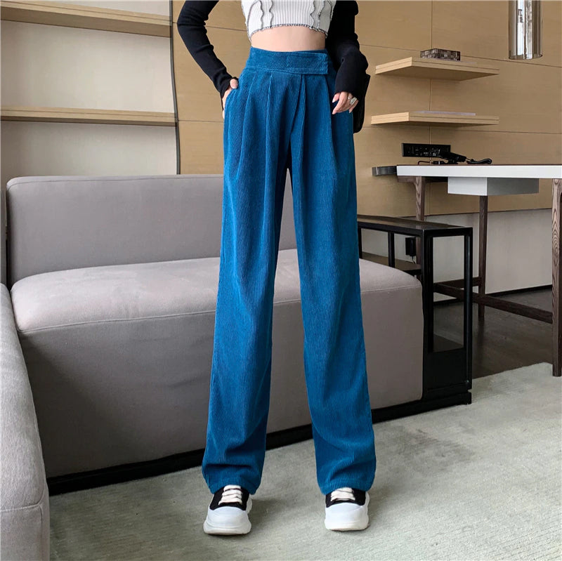 High Waist Thicken Fold Corduroy Long Pants