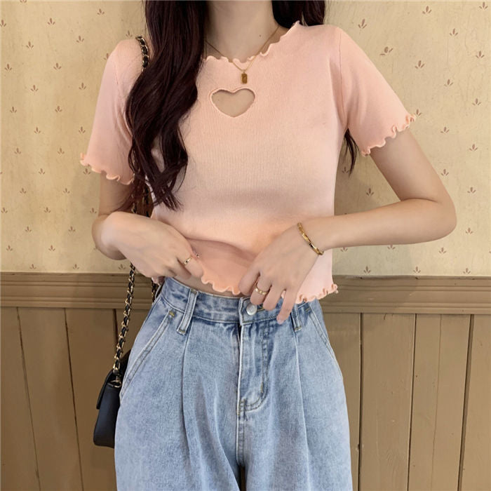 Love Hole Pattern Cropped Slim Shirt