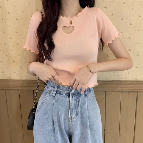 Love Hole Pattern Cropped Slim Shirt